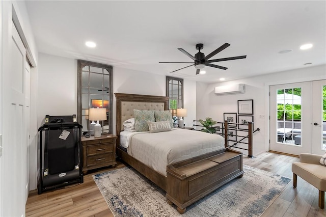 7698 Ridge Rd, Sodus, NY 14551 - bedroom featuring a wall mounted AC, access to exterior, light wood-style flooring, recessed lighting, and ceiling fan