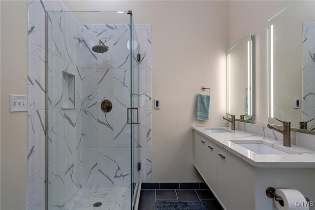 3502 Lightfoot Ln, Lysander, NY 13027 - bathroom with a marble finish shower, double vanity, and tile patterned flooring