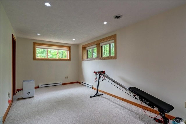 3502 Lightfoot Ln, Lysander, NY 13027 - exercise area with a baseboard heating unit, recessed lighting, plenty of natural light, and carpet floors