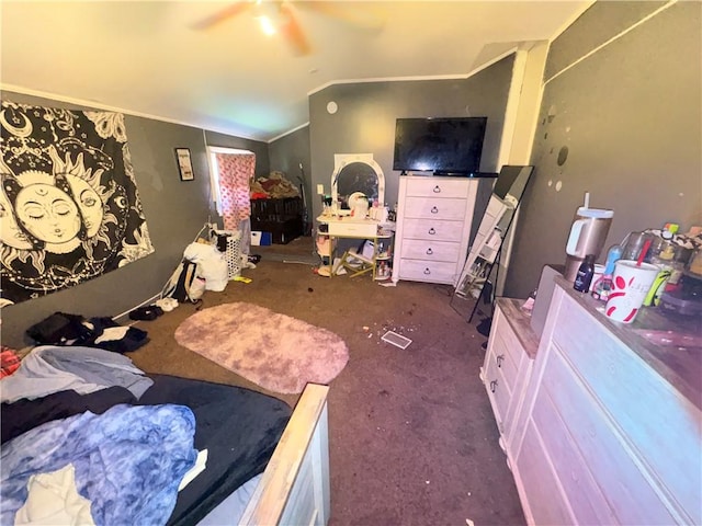 1563 Norton St, Rochester, NY 14621 - bedroom featuring dark colored carpet, vaulted ceiling, and ceiling fan