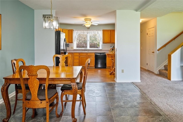 8 Harrier Cir, Henrietta, NY 14623 - dining room with baseboards, stairs, and a ceiling fan