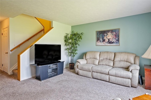 8 Harrier Cir, Henrietta, NY 14623 - carpeted living area featuring stairway, baseboards, and a textured ceiling
