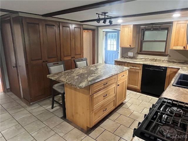808 Fay, Bangor, NY 12966 - kitchen featuring black dishwasher, light tile patterned flooring, cooktop, a center island, and a sink