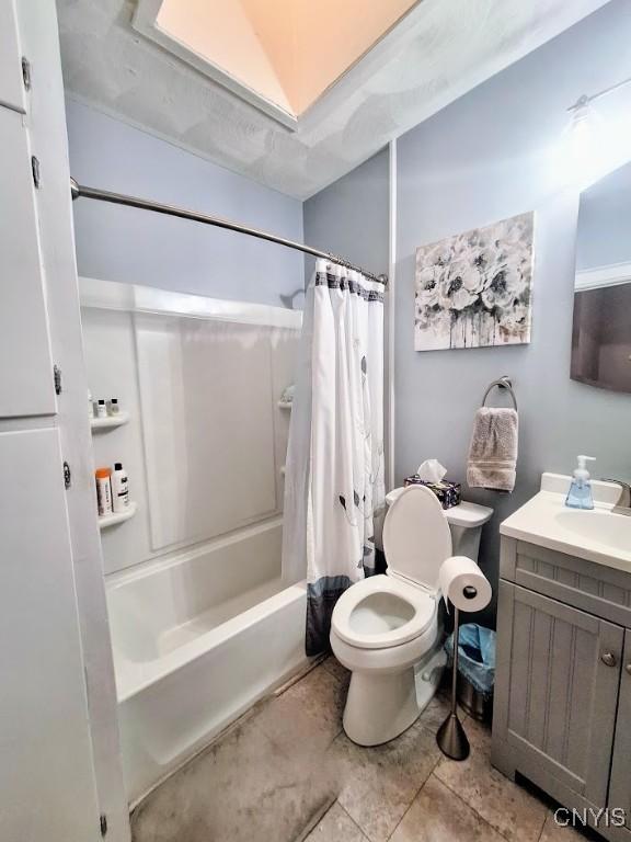 7 Genesee Ct, Utica, NY 13502 - full bath with toilet, vanity, shower / bathtub combination with curtain, and tile patterned flooring