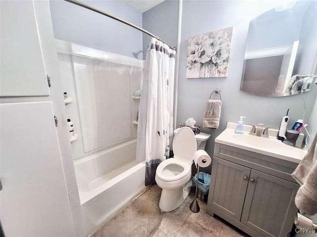7 Genesee Ct, Utica, NY 13502 - bathroom featuring toilet, vanity, shower / bathtub combination with curtain, and tile patterned floors