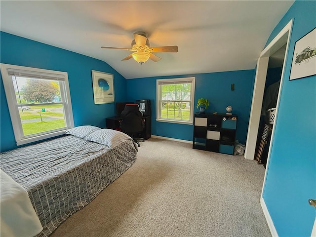 193 Floral Dr, Irondequoit, NY 14617 - bedroom featuring carpet flooring, lofted ceiling, ceiling fan, and baseboards