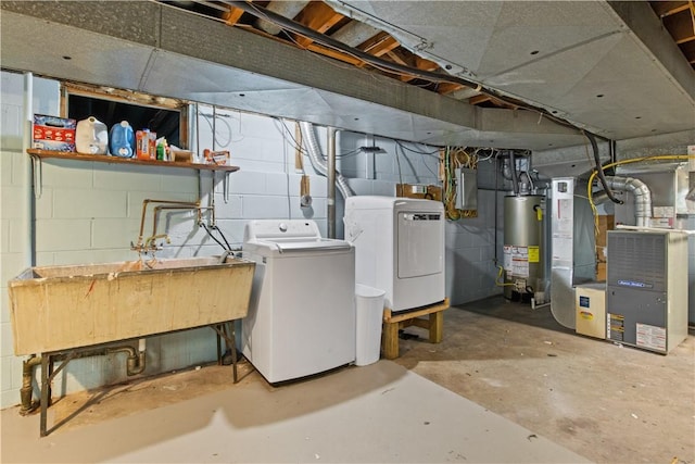 193 Floral Dr, Irondequoit, NY 14617 - unfinished below grade area with water heater, washer and clothes dryer, heating unit, electric panel, and concrete block wall