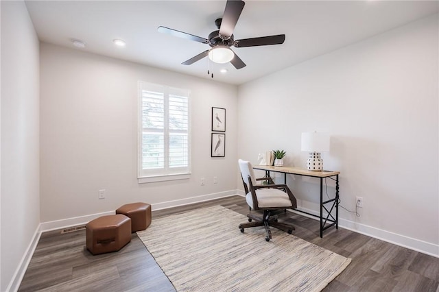 1565 Allison Ln, Webster, NY 14580 - home office with wood finished floors, ceiling fan, baseboards, and recessed lighting
