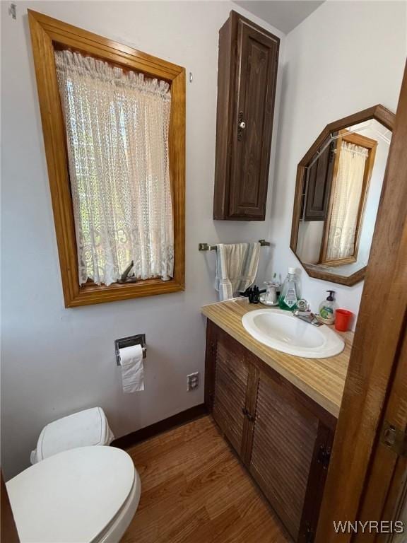4545 Lower River Rd, Lewiston, NY 14092 - bathroom with vanity, toilet, wood finished floors, and baseboards