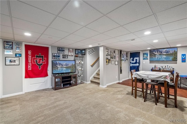 1 Skylark Ln, Wheatfield, NY 14304 - dining space featuring carpet floors, a drop ceiling, recessed lighting, stairway, and baseboards