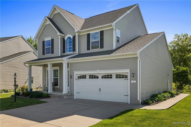 1 Skylark Ln, Wheatfield, NY 14304 - traditional home with covered porch, driveway, a front yard, and a shingled roof