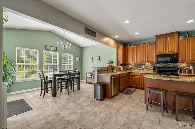 1 Skylark Ln, Wheatfield, NY 14304 - kitchen featuring black appliances, tasteful backsplash, lofted ceiling, a sink, and a chandelier