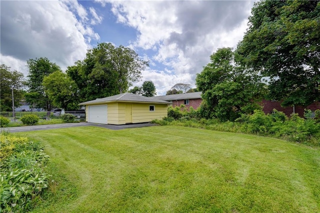 41 Leicestershire Rd, Irondequoit, NY 14621 - view of green lawn with driveway, a garage, and an outbuilding