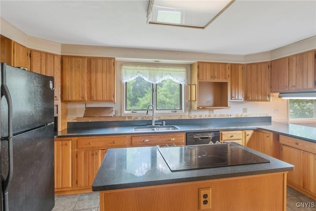 3643 Armstrong Rd, Camillus, NY 13209 - kitchen with black appliances, a sink, a center island, dark countertops, and brown cabinetry