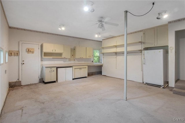 3643 Armstrong Rd, Camillus, NY 13209 - kitchen featuring freestanding refrigerator, cream cabinets, a ceiling fan, open shelves, and light countertops