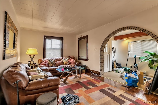 1244 Kenmore Ave, Buffalo, NY 14216 - living room with hardwood / wood-style floors and arched walkways