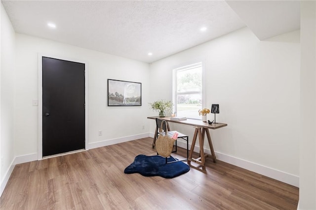 3908 Stalker Rd, Walworth, NY 14502 - home office with wood finished floors, baseboards, recessed lighting, and a textured ceiling
