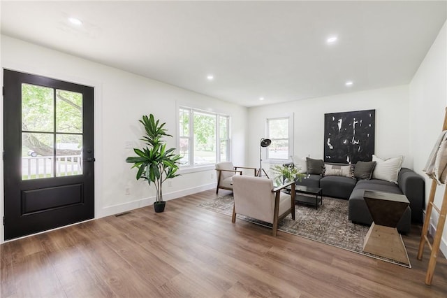 3908 Stalker Rd, Walworth, NY 14502 - living room featuring wood finished floors, recessed lighting, and baseboards
