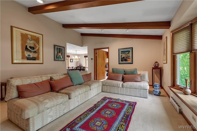 9325 Hunting Valley Rd N, Clarence, NY 14031 - living room with a chandelier, light colored carpet, and a baseboard heating unit