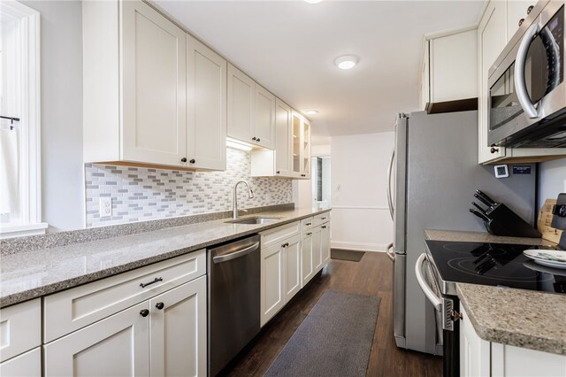 908 Winona Blvd, Irondequoit, NY 14617 - kitchen featuring appliances with stainless steel finishes, a sink, tasteful backsplash, white cabinetry, and dark wood finished floors