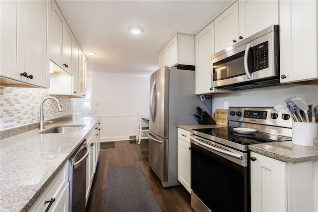 908 Winona Blvd, Irondequoit, NY 14617 - kitchen featuring stainless steel appliances, a sink, dark wood-type flooring, white cabinetry, and backsplash