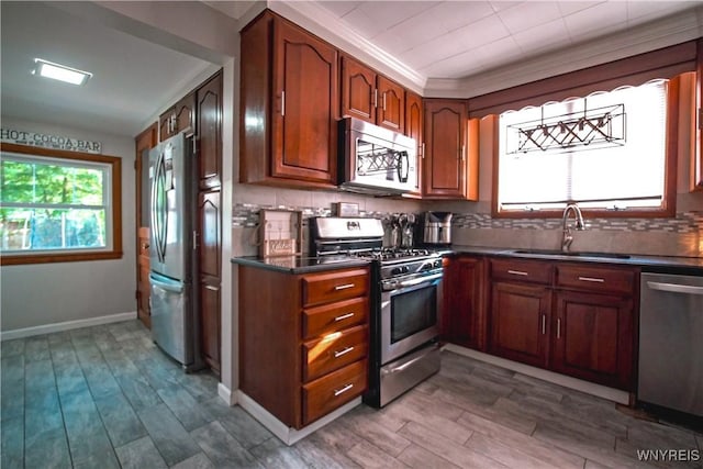 2019 Center St, North Collins, NY 14111 - kitchen featuring appliances with stainless steel finishes, a sink, healthy amount of natural light, dark countertops, and ornamental molding