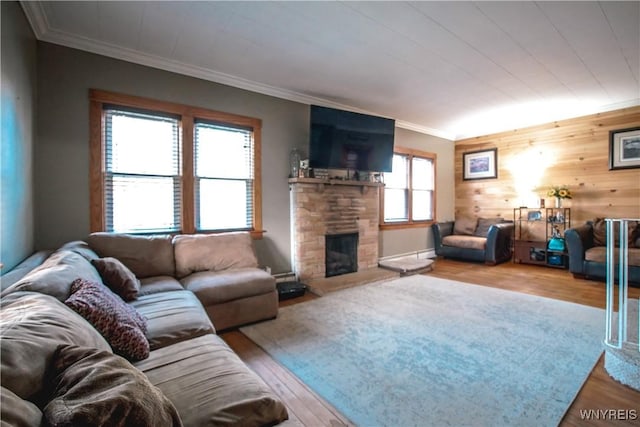 2019 Center St, North Collins, NY 14111 - living area featuring ornamental molding, wood finished floors, wood walls, and a stone fireplace