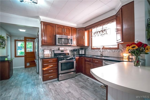 2019 Center St, North Collins, NY 14111 - kitchen with stainless steel appliances, a sink, plenty of natural light, ornamental molding, and backsplash