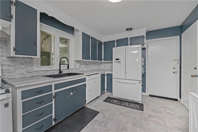 50 Loderdale Rd, Gates, NY 14624 - kitchen with white refrigerator with ice dispenser, blue cabinetry, a sink, and tasteful backsplash