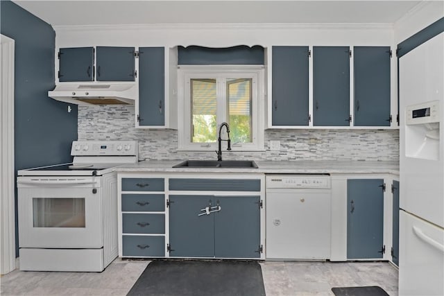 50 Loderdale Rd, Gates, NY 14624 - kitchen featuring white appliances, a sink, blue cabinetry, light countertops, and tasteful backsplash