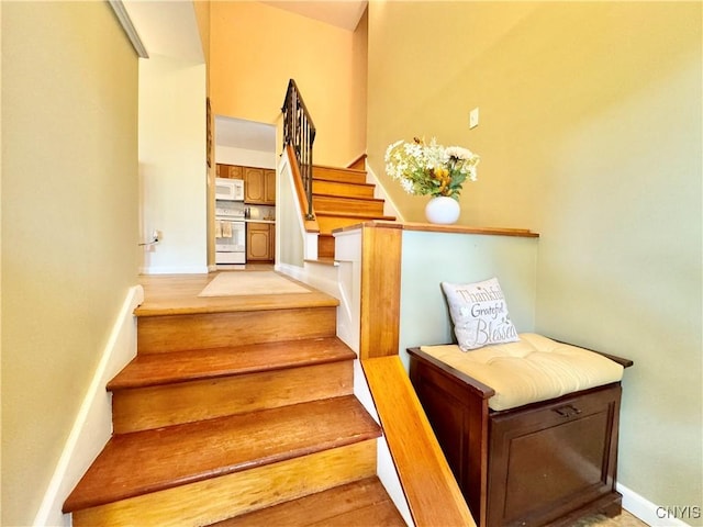 10 Litwak St, Fulton, NY 13069 - stairway with wood finished floors, baseboards, and a towering ceiling