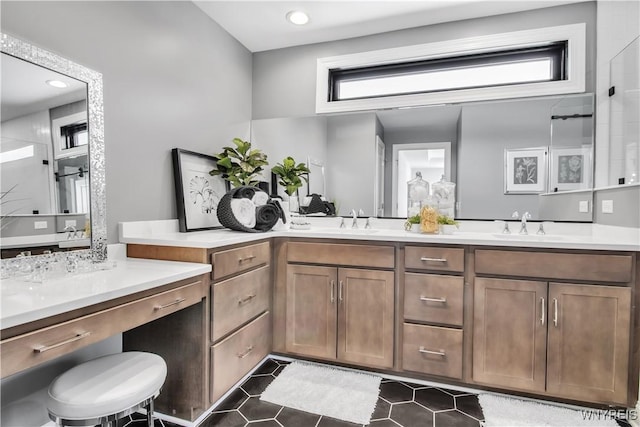 4 Streamsong Ct, Amherst, NY 14051 - full bath with double vanity, tile patterned flooring, and recessed lighting