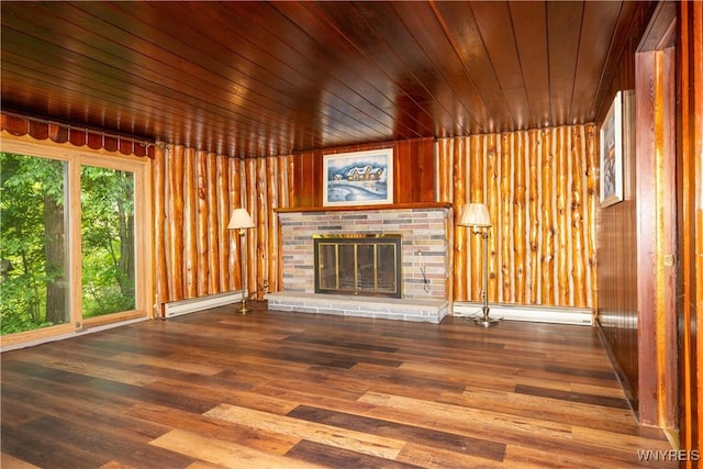 2491 Wethersfield Rd, Java, NY 14113 - unfurnished living room with a baseboard radiator, a fireplace, wood finished floors, wooden walls, and wooden ceiling