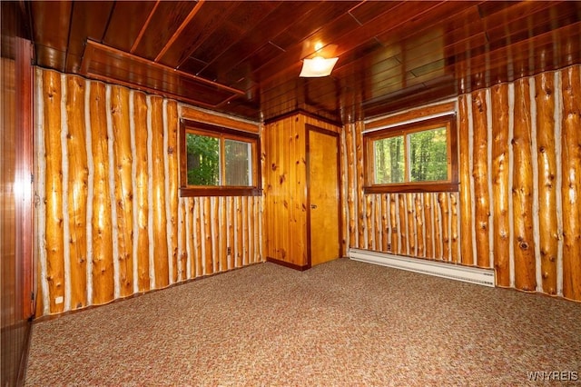 2491 Wethersfield Rd, Java, NY 14113 - carpeted spare room with a baseboard radiator, wood ceiling, and wooden walls