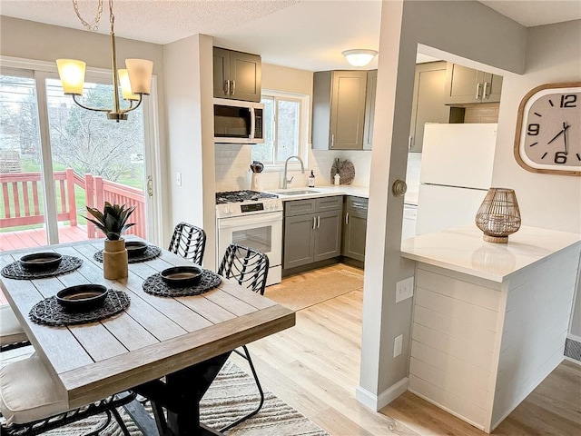 90 Fox Run, Gates, NY 14606 - kitchen with white appliances, a sink, gray cabinetry, light wood-type flooring, and backsplash