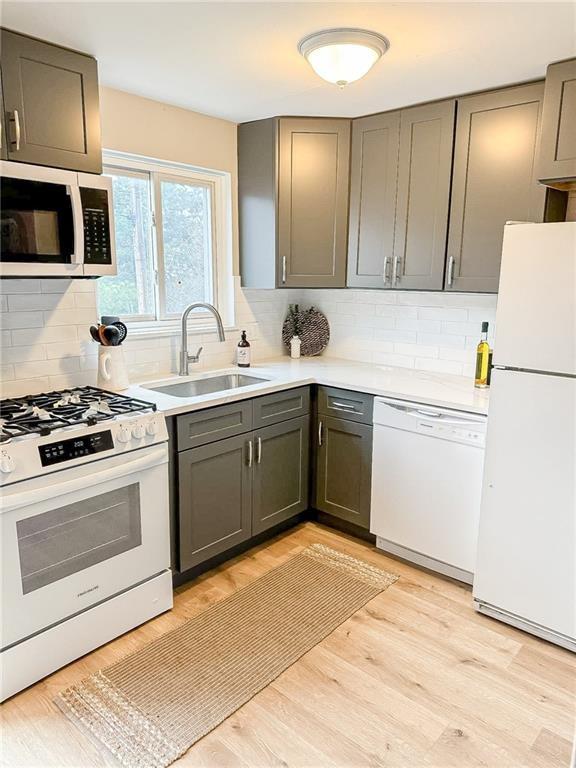 90 Fox Run, Gates, NY 14606 - kitchen featuring white appliances, a sink, gray cabinets, and backsplash