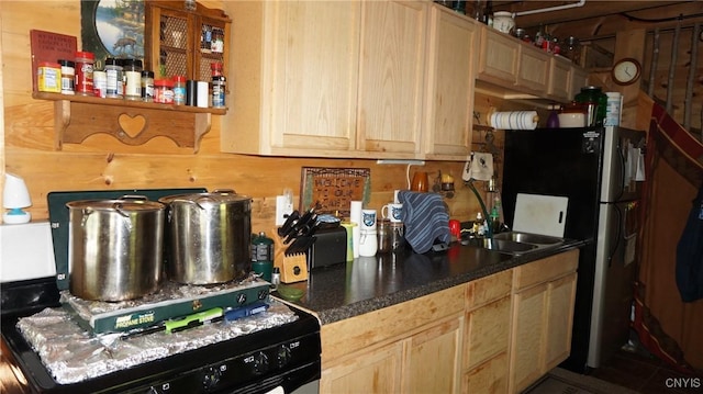1507 Keeney Ln, Osceola, NY 13437 - kitchen with range, freestanding refrigerator, light brown cabinetry, and dark countertops