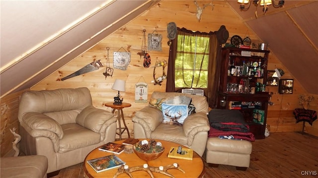 1507 Keeney Ln, Osceola, NY 13437 - living area featuring lofted ceiling, wooden walls, and hardwood / wood-style flooring