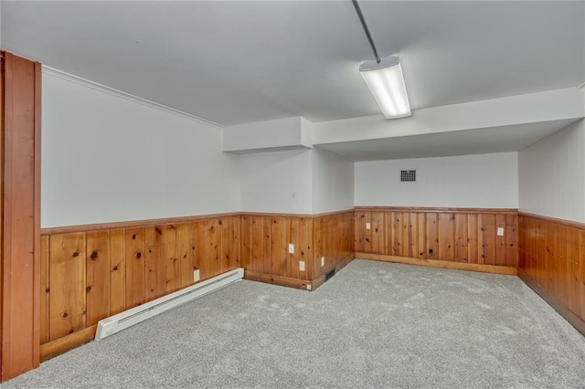 1845 N Clinton Ave, Rochester, NY 14621 - finished below grade area featuring baseboard heating, wainscoting, carpet flooring, and wood walls