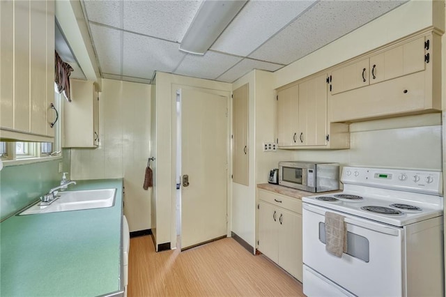 1845 N Clinton Ave, Rochester, NY 14621 - kitchen featuring white electric range oven, stainless steel microwave, a drop ceiling, light wood-style flooring, and light countertops