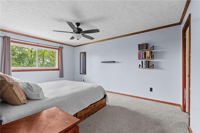 7425 State Route 20a, Bristol, NY 14469 - bedroom with ornamental molding, carpet, baseboards, ceiling fan, and a textured ceiling
