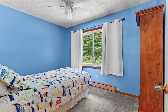 7425 State Route 20a, Bristol, NY 14469 - carpeted bedroom with a baseboard radiator, a textured ceiling, baseboards, and ceiling fan