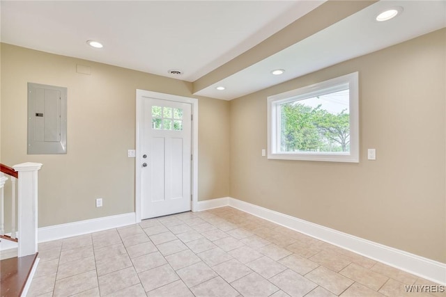 4356 Redman Rd, Sweden, NY 14420 - entryway featuring electric panel, stairway, recessed lighting, and light tile patterned floors