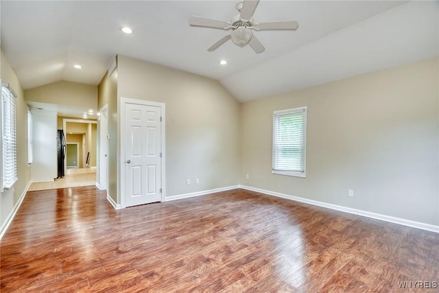 4356 Redman Rd, Sweden, NY 14420 - unfurnished room with vaulted ceiling, wood finished floors, a ceiling fan, and recessed lighting
