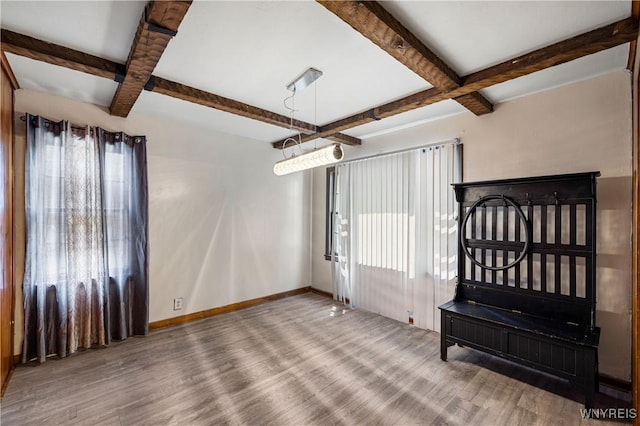 1934 Welch Ave, Niagara Falls, NY 14303 - unfurnished room with wood finished floors, beam ceiling, coffered ceiling, and baseboards