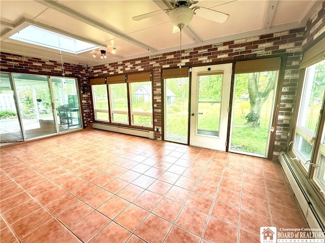 56 Otter St, Dunkirk-City, NY 14048 - unfurnished sunroom with baseboard heating, brick wall, a skylight, and tile patterned floors