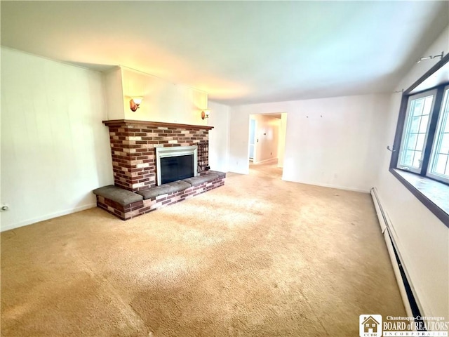 56 Otter St, Dunkirk-City, NY 14048 - unfurnished living room featuring a baseboard heating unit, light carpet, and a fireplace