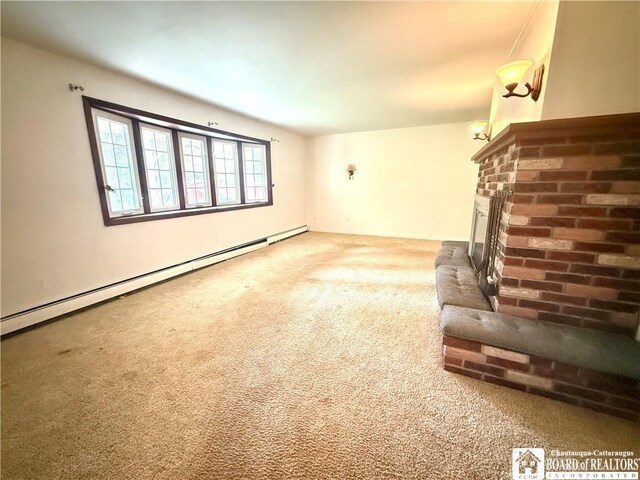 56 Otter St, Dunkirk-City, NY 14048 - unfurnished living room with a baseboard radiator, carpet, and a fireplace