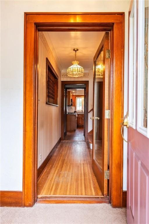 377 Winfield Rd, Irondequoit, NY 14622 - hall with a chandelier, light wood finished floors, baseboards, and ornamental molding