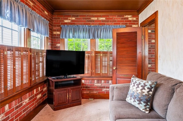 377 Winfield Rd, Irondequoit, NY 14622 - carpeted living area featuring healthy amount of natural light, crown molding, and brick wall